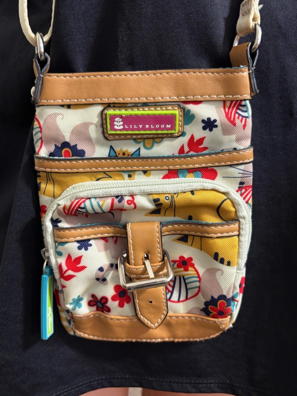 Lily Bloom mini crossbody bag cat‎ yarn front pocket buckle adjustable strap